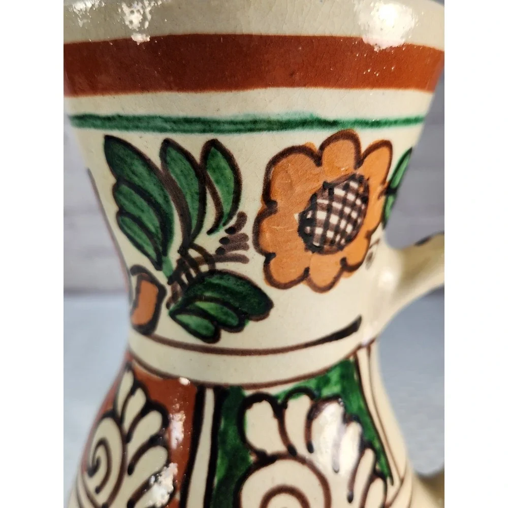 Vintage Mathe Denes Art Pottery Vase Jug Floral Hand Painted Romanian